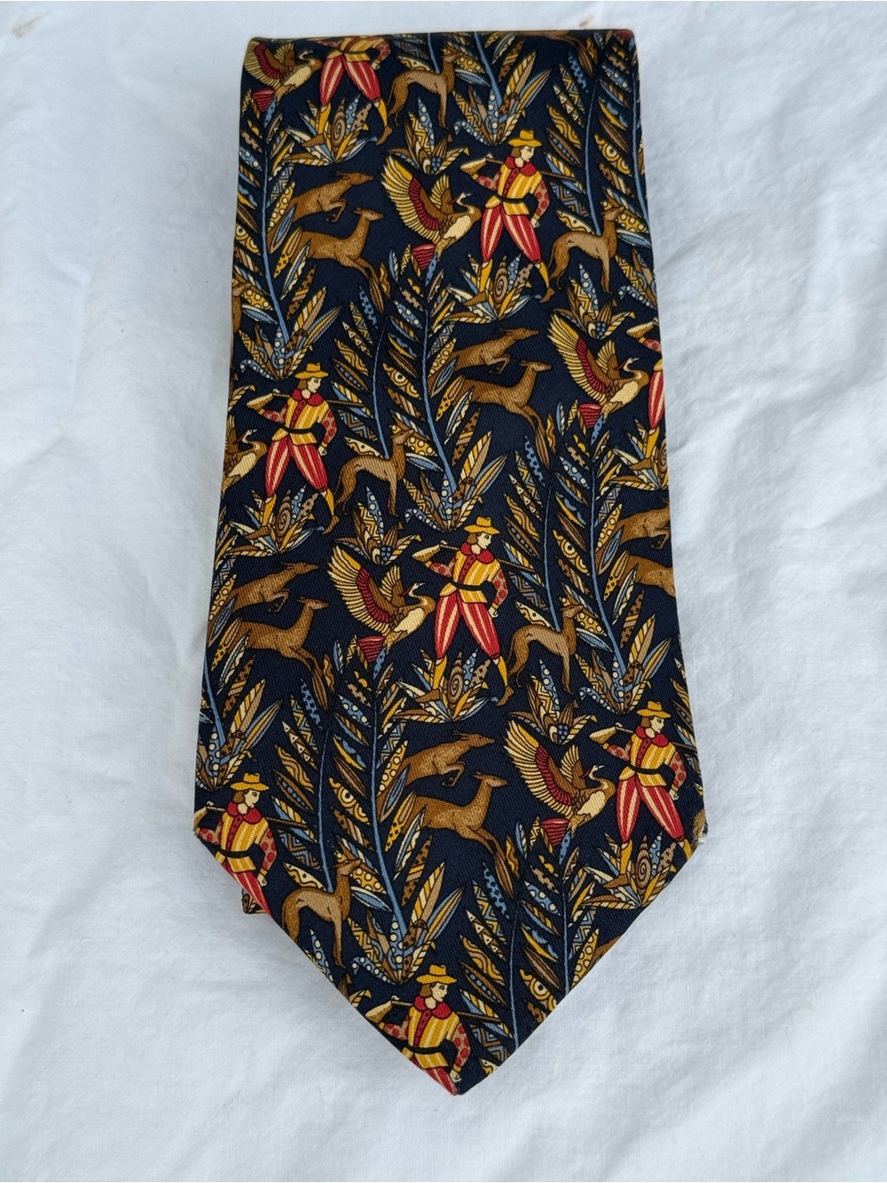 Salvatore Ferragamo Navy Silk Tie with Gold, Red and Blue Hunting Motif
